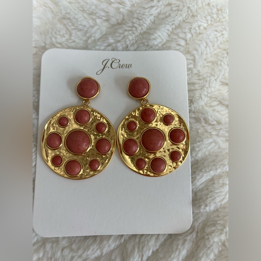 NWT J.Crew Gold Tone Statement Drop Earrings Red Stone Disc